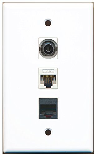 RiteAV - 1 Port Phone RJ11 RJ12 Black and 1 Port 3.5mm and 1 Port Cat5e Ethernet White Wall Plate