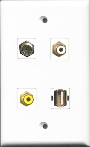 RiteAV 1 Port RCA White and 1 Port RCA Yellow and 1 Port Coax Cable TV- F-Type and 1 Port USB A-A Wall Plate