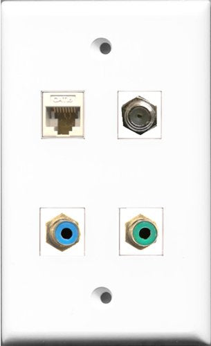 RiteAV 1 Port RCA Green and 1 Port RCA Blue and 1 Port Coax Cable TV- F-Type and 1 Port Cat6 Ethernet White Wall Plate