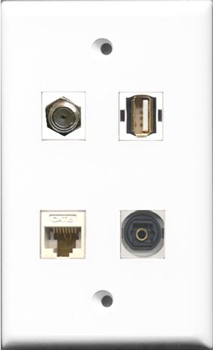 RiteAV 1 Port Coax Cable TV- F-Type and 1 Port USB A-A and 1 Port Toslink and 1 Port Cat6 Ethernet White Wall Plate