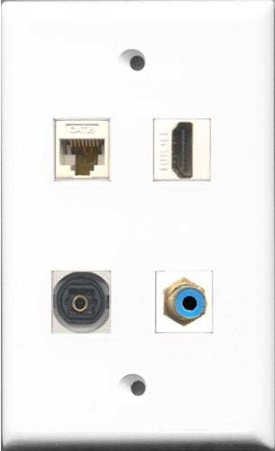RiteAV 1 Port HDMI and 1 Port RCA Blue and 1 Port Toslink and 1 Port Cat6 Ethernet White Wall Plate