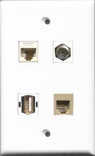 RiteAV 1 Port Coax Cable TV- F-Type and 1 Port USB A-A and 1 Port Phone RJ11 RJ12 Beige and 1 Port Cat6 Ethernet White Wall Plate