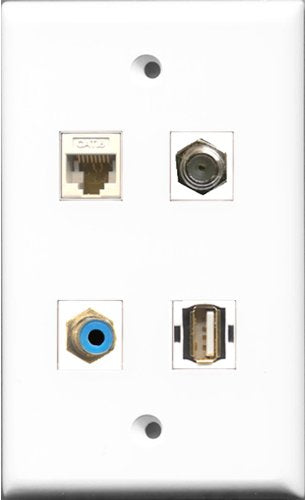 RiteAV 1 Port RCA Blue and 1 Port Coax Cable TV- F-Type and 1 Port USB A-A and 1 Port Cat6 Ethernet White Wall Plate