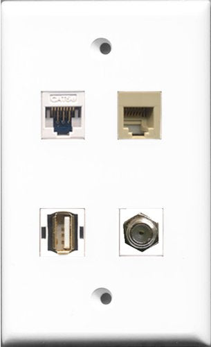 RiteAV 1 Port Coax Cable TV- F-Type and 1 Port USB A-A and 1 Port Phone RJ11 RJ12 Beige and 1 Port Cat5e Ethernet White Wall Plate