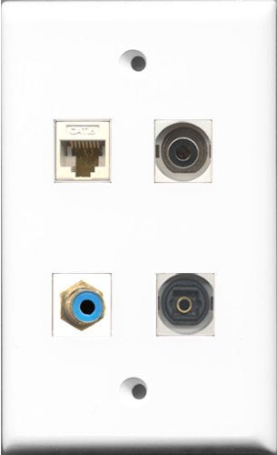 RiteAV 1 Port RCA Blue and 1 Port Toslink and 1 Port 3.5mm and 1 Port Cat6 Ethernet White Wall Plate