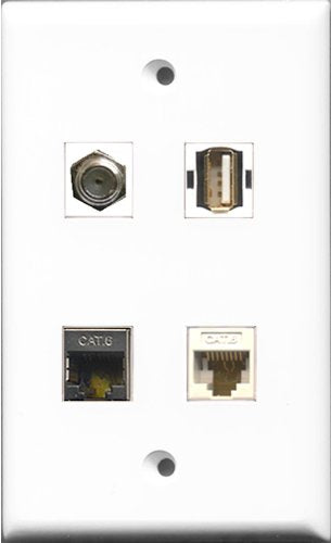 RiteAV 1 Port Coax Cable TV- F-Type and 1 Port USB A-A and 1 Port Shielded Cat6 Ethernet and 1 Port Cat6 Ethernet White Wall Plate