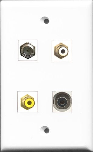 RiteAV 1 Port RCA White and 1 Port RCA Yellow and 1 Port Coax Cable TV- F-Type and 1 Port 3.5mm Wall Plate