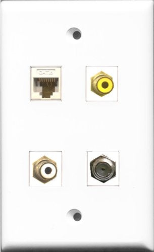 RiteAV 1 Port RCA White and 1 Port RCA Yellow and 1 Port Coax Cable TV- F-Type and 1 Port Cat6 Ethernet White Wall Plate