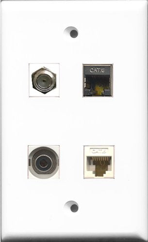 RiteAV 1 Port Coax Cable TV- F-Type and 1 Port Shielded Cat6 Ethernet and 1 Port 3.5mm and 1 Port Cat6 Ethernet White Wall Plate