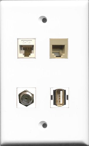 RiteAV 1 Port Coax Cable TV- F-Type and 1 Port USB A-A and 1 Port Phone RJ11 RJ12 Beige and 1 Port Cat6 Ethernet White Wall Plate