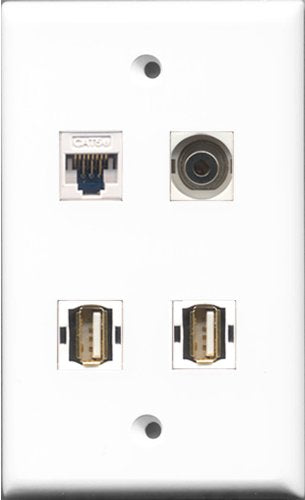 RiteAV - 2 Port USB A-A and 1 Port 3.5mm and 1 Port Cat5e Ethernet White Wall Plate