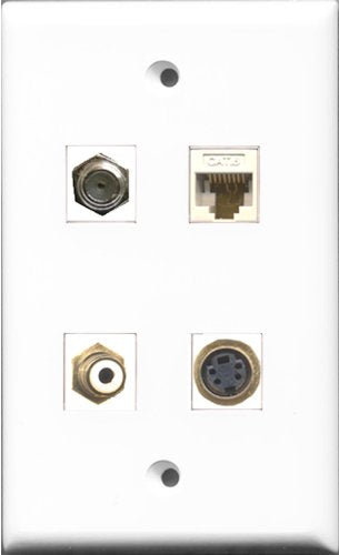 RiteAV 1 Port RCA White and 1 Port Coax Cable TV- F-Type and 1 Port S-Video and 1 Port Cat6 Ethernet White Wall Plate