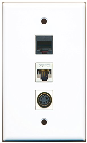 RiteAV - 1 Port Phone RJ11 RJ12 Black and 1 Port S-Video and 1 Port Cat5e Ethernet White Wall Plate