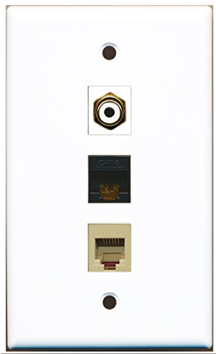 RiteAV - 1 Port RCA White and 1 Port Phone RJ11 RJ12 Beige and 1 Port Cat6 Ethernet Black Wall Plate