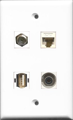 RiteAV 1 Port Coax Cable TV- F-Type and 1 Port USB A-A and 1 Port 3.5mm and 1 Port Cat6 Ethernet White Wall Plate