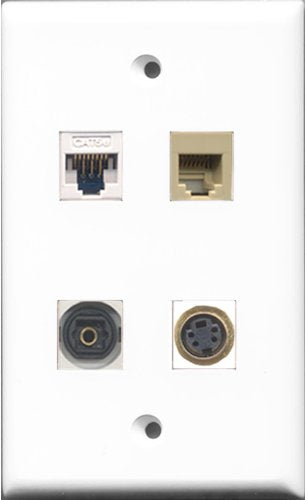 RiteAV 1 Port Phone RJ11 RJ12 Beige and 1 Port S-Video and 1 Port Toslink and 1 Port Cat5e Ethernet White Wall Plate