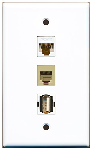 RiteAV - 1 Port USB A-A and 1 Port Phone RJ11 RJ12 Beige and 1 Port Cat6 Ethernet White Wall Plate