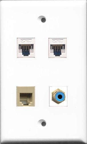 RiteAV - 1 Port RCA Blue and 1 Port Phone RJ11 RJ12 Beige 2 Port Cat5e Ethernet White Wall Plate