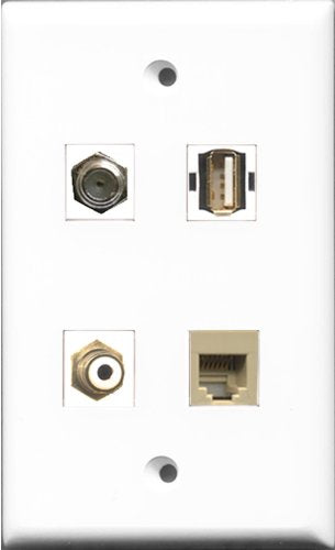 RiteAV 1 Port RCA White and 1 Port Coax Cable TV- F-Type and 1 Port USB A-A and 1 Port Phone RJ11 RJ12 Beige Wall Plate