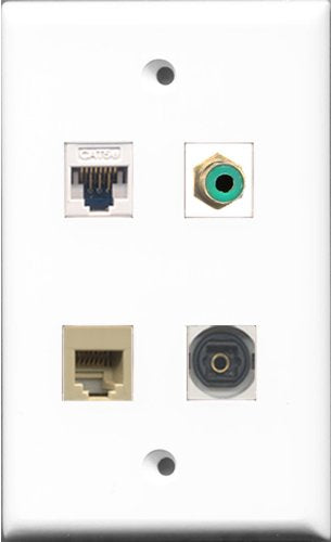RiteAV 1 Port RCA Green and 1 Port Phone RJ11 RJ12 Beige and 1 Port Toslink and 1 Port Cat5e Ethernet White Wall Plate