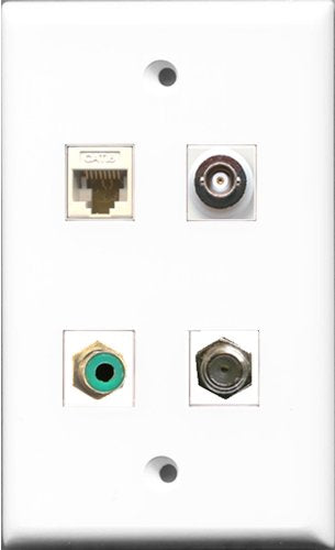 RiteAV 1 Port RCA Green and 1 Port Coax Cable TV- F-Type and 1 Port BNC and 1 Port Cat6 Ethernet White Wall Plate