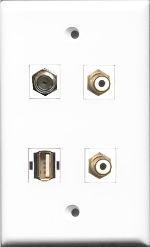 RiteAV - 2 Port RCA White and 1 Port Coax Cable TV- F-Type and 1 Port USB A-A Wall Plate
