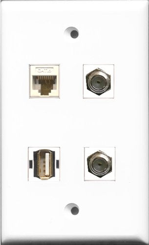 RiteAV - 2 Port Coax Cable TV- F-Type and 1 Port USB A-A and 1 Port Cat6 Ethernet White Wall Plate