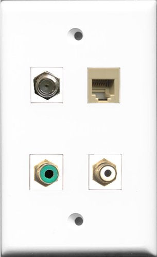 RiteAV 1 Port RCA White and 1 Port RCA Green and 1 Port Coax Cable TV- F-Type and 1 Port Phone RJ11 RJ12 Beige Wall Plate