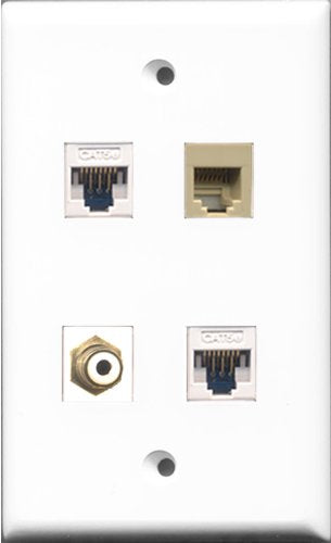 RiteAV 1 Port RCA White and 1 Port Phone RJ11 RJ12 Beige 2 Port Cat5e Ethernet White Wall Plate