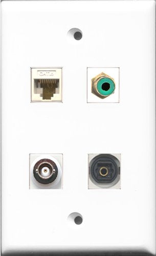 RiteAV 1 Port RCA Green and 1 Port Toslink and 1 Port BNC and 1 Port Cat6 Ethernet White Wall Plate