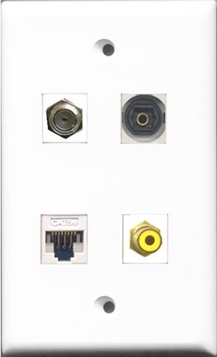 RiteAV 1 Port RCA Yellow and 1 Port Coax Cable TV- F-Type and 1 Port Toslink and 1 Port Cat5e Ethernet White Wall Plate