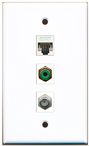 RiteAV - 1 Port RCA Green and 1 Port Coax Cable TV- F-Type and 1 Port Cat5e Ethernet White Wall Plate