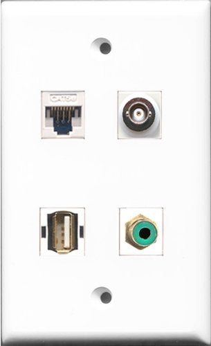 RiteAV - 1 Port RCA Green and 1 Port USB A-A and 1 Port BNC and 1 Port Cat5e Ethernet White Wall Plate