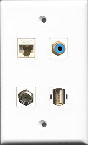 RiteAV 1 Port RCA Blue and 1 Port Coax Cable TV- F-Type and 1 Port USB A-A and 1 Port Cat6 Ethernet White Wall Plate