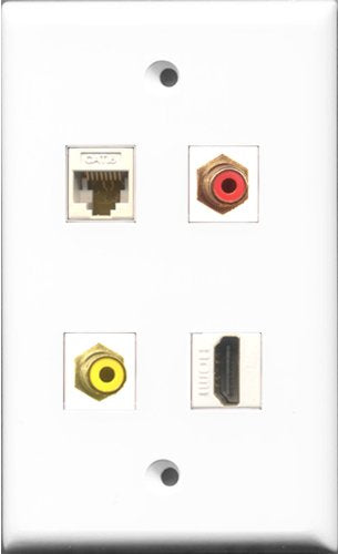RiteAV 1 Port HDMI and 1 Port RCA Red and 1 Port RCA Yellow and 1 Port Cat6 Ethernet White Wall Plate