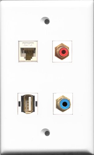RiteAV 1 Port RCA Red and 1 Port RCA Blue and 1 Port USB A-A and 1 Port Cat6 Ethernet White Wall Plate