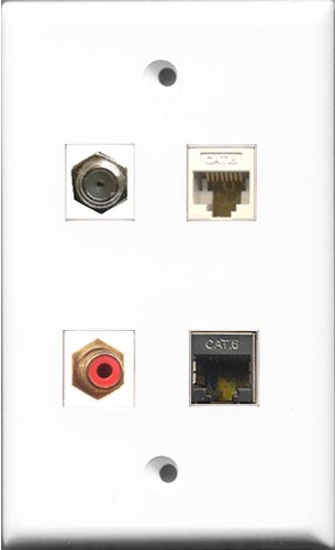RiteAV 1 Port RCA Red and 1 Port Coax Cable TV- F-Type and 1 Port Shielded Cat6 Ethernet and 1 Port Cat6 Ethernet White Wall Plate