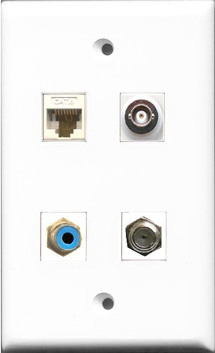 RiteAV 1 Port RCA Blue and 1 Port Coax Cable TV- F-Type and 1 Port BNC and 1 Port Cat6 Ethernet White Wall Plate