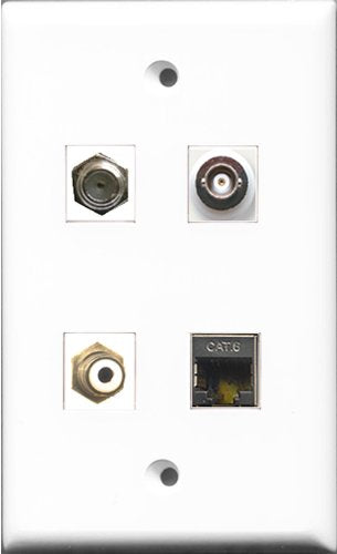 RiteAV 1 Port RCA White and 1 Port Coax Cable TV- F-Type and 1 Port Shielded Cat6 Ethernet and 1 Port BNC Wall Plate