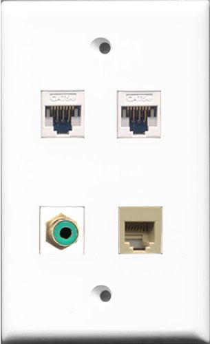 RiteAV - 1 Port RCA Green and 1 Port Phone RJ11 RJ12 Beige 2 Port Cat5e Ethernet White Wall Plate