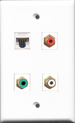 RiteAV 1 Port RCA Red and 1 Port RCA White and 1 Port RCA Green and 1 Port Cat5e Ethernet White Wall Plate