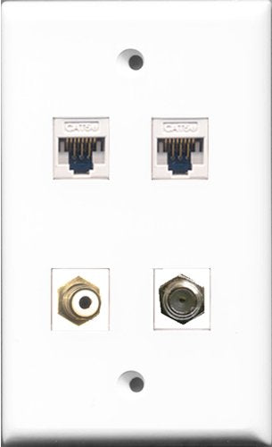 RiteAV - 1 Port RCA White and 1 Port Coax Cable TV- F-Type 2 Port Cat5e Ethernet White Wall Plate