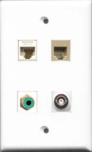RiteAV 1 Port RCA Green and 1 Port Phone RJ11 RJ12 Beige and 1 Port BNC and 1 Port Cat6 Ethernet White Wall Plate