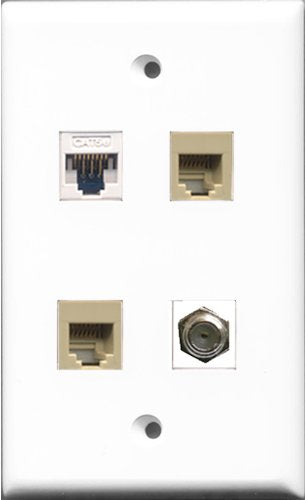 RiteAV 1 Port Coax Cable TV- F-Type 2 Port Phone RJ11 RJ12 Beige and 1 Port Cat5e Ethernet White Wall Plate