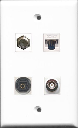 RiteAV 1 Port Coax Cable TV- F-Type and 1 Port Toslink and 1 Port BNC and 1 Port Cat5e Ethernet White Wall Plate