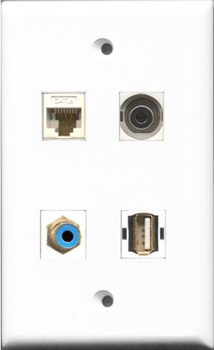 RiteAV 1 Port RCA Blue and 1 Port USB A-A and 1 Port 3.5mm and 1 Port Cat6 Ethernet White Wall Plate