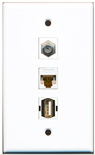 RiteAV - 1 Port Coax Cable TV- F-Type and 1 Port USB A-A and 1 Port Cat6 Ethernet White Wall Plate