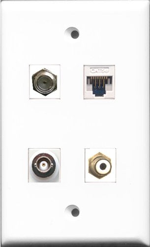 RiteAV 1 Port RCA White and 1 Port Coax Cable TV- F-Type and 1 Port BNC and 1 Port Cat5e Ethernet White Wall Plate