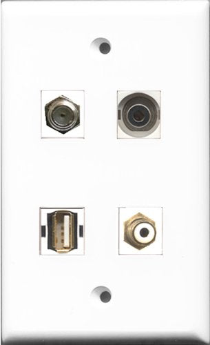 RiteAV 1 Port RCA White and 1 Port Coax Cable TV- F-Type and 1 Port Shielded Cat6 Ethernet and 1 Port 3.5mm Wall Plate