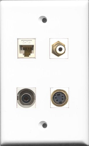 RiteAV 1 Port RCA White and 1 Port S-Video and 1 Port 3.5mm and 1 Port Cat6 Ethernet White Wall Plate